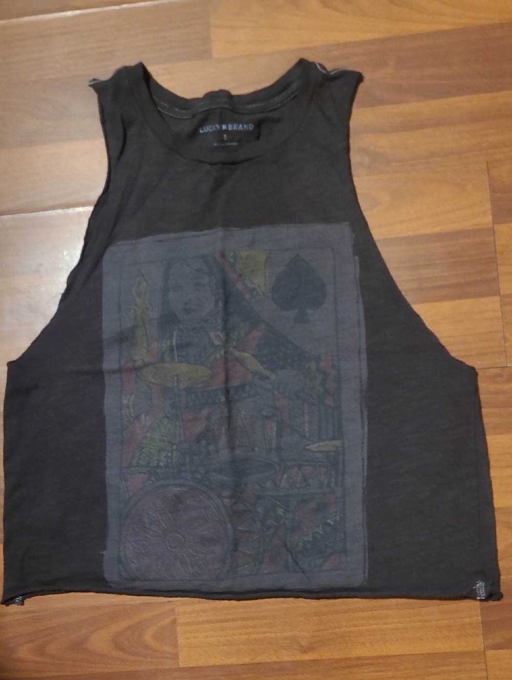 Lucky Brand Black Graphic Cutaway Tank with Muted Card Print